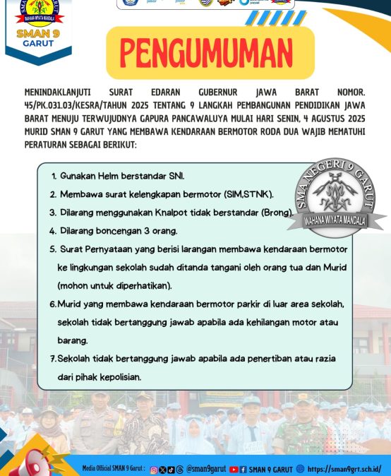 PENTING! Aturan Kendaraan Bermotor di SMA Negeri 9 Garut Mulai 4 Agustus 2025