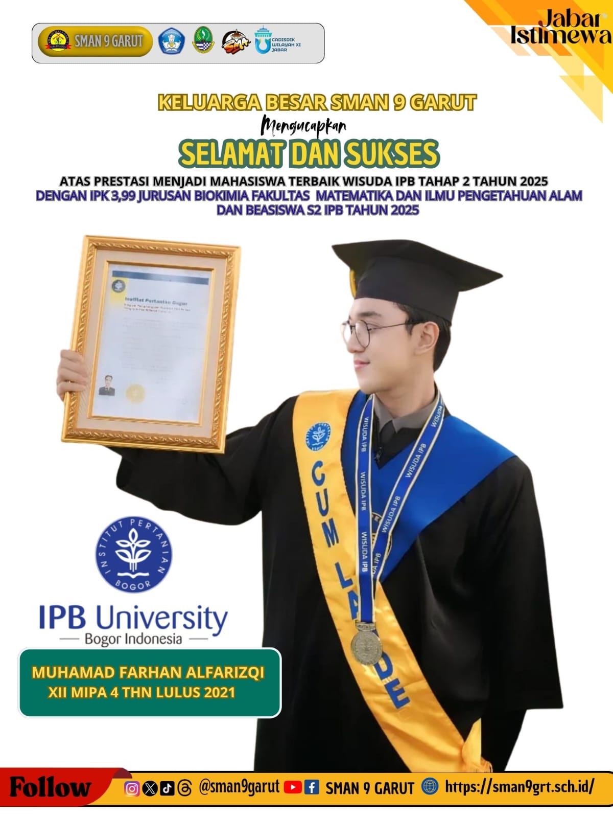 Bangga! Alumni SMA Negeri 9 Garut Raih Predikat Wisudawan Terbaik IPB University dengan IPK 3,99