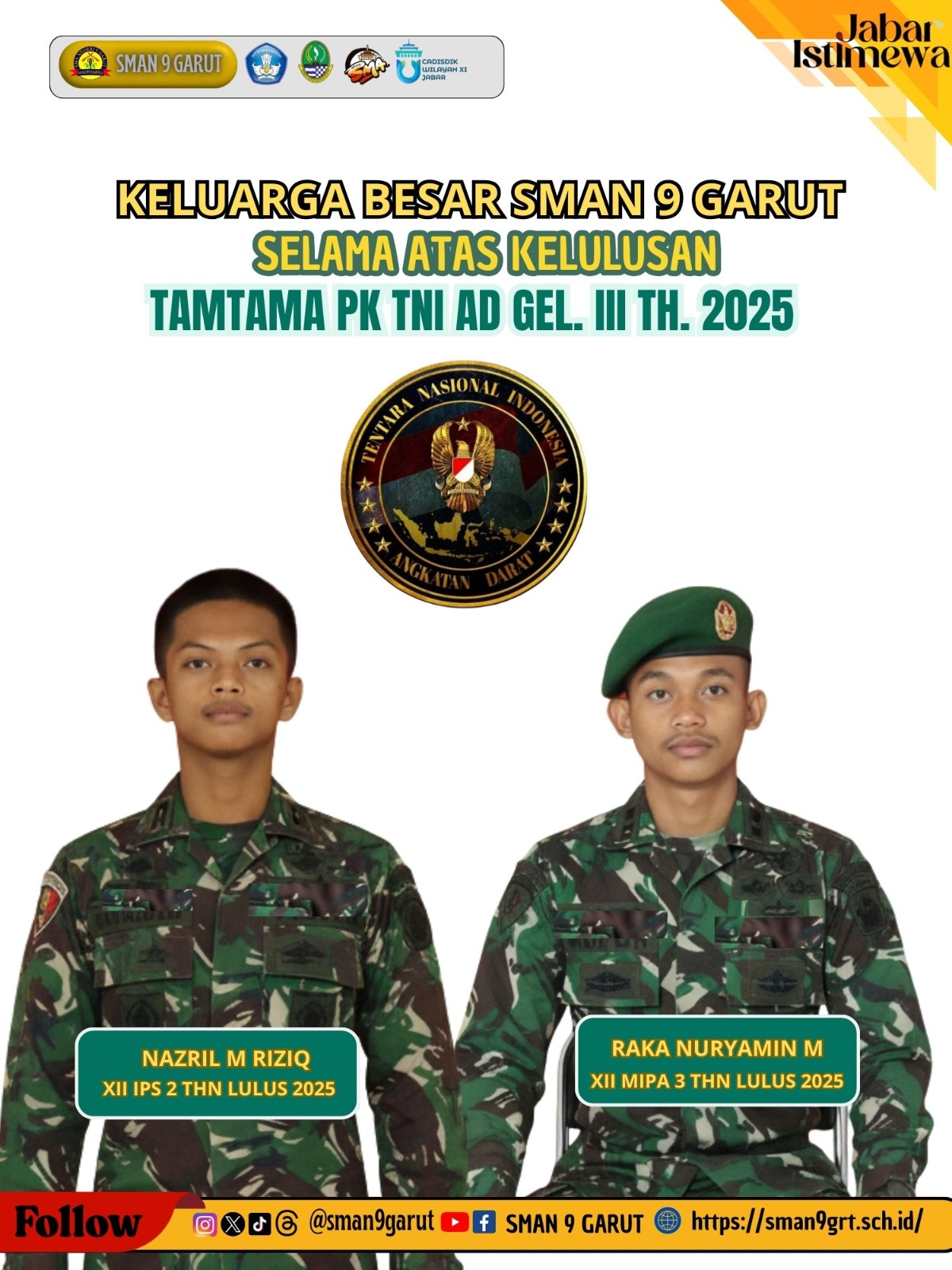 SMA Negeri 9 Garut Sampaikan Ucapan Selamat atas Kelulusan Siswa dalam Seleksi Tamtama PK TNI AD Gelombang III Tahun 2025