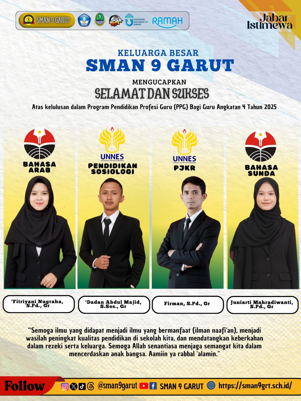 SMA Negeri 9 Garut Ucapkan Selamat dan Sukses atas Kelulusan Guru dalam Program PPG Guru Tertentu Tahap 3 Tahun 2025